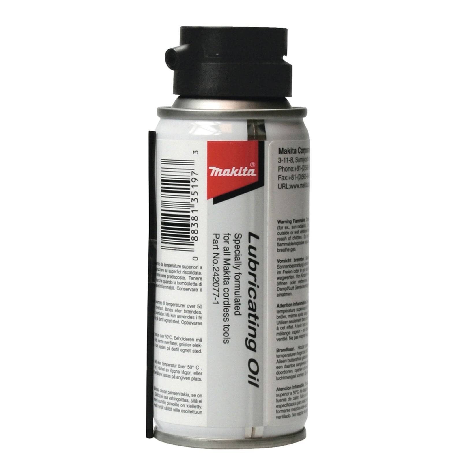 Eine Dose Makita-Schmiermittel für pneumatische Werkzeuge, mit sichtbaren Produktetikett-Details.