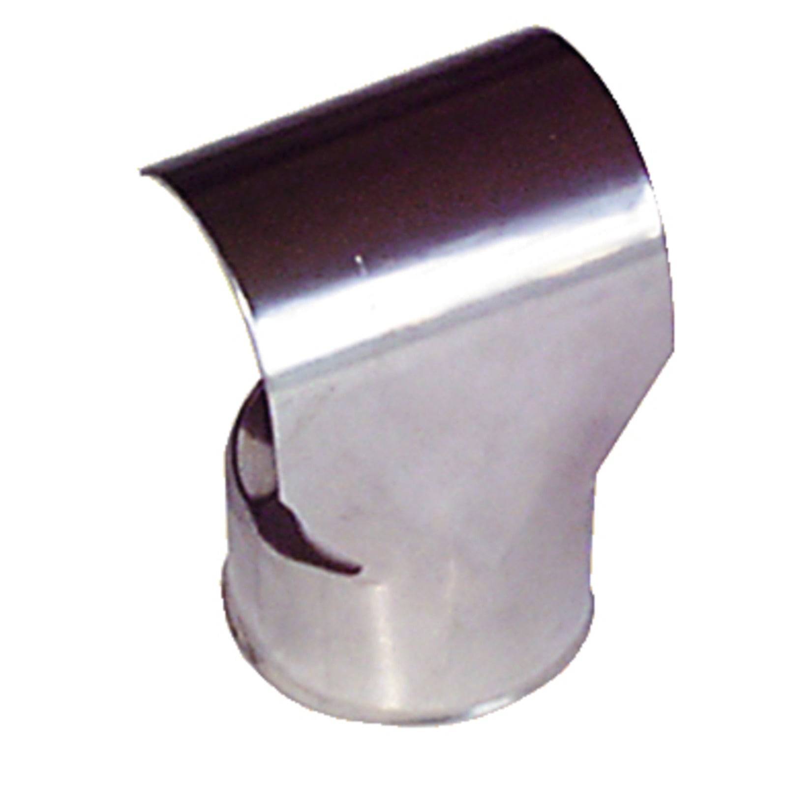 Ein glänzendes, metallisches, zylindrisches Objekt mit einer schrägen Oberseite und einer offenen Vorderseite, möglicherweise ein spezialisiertes Anschluss- oder Verbindungsstück.