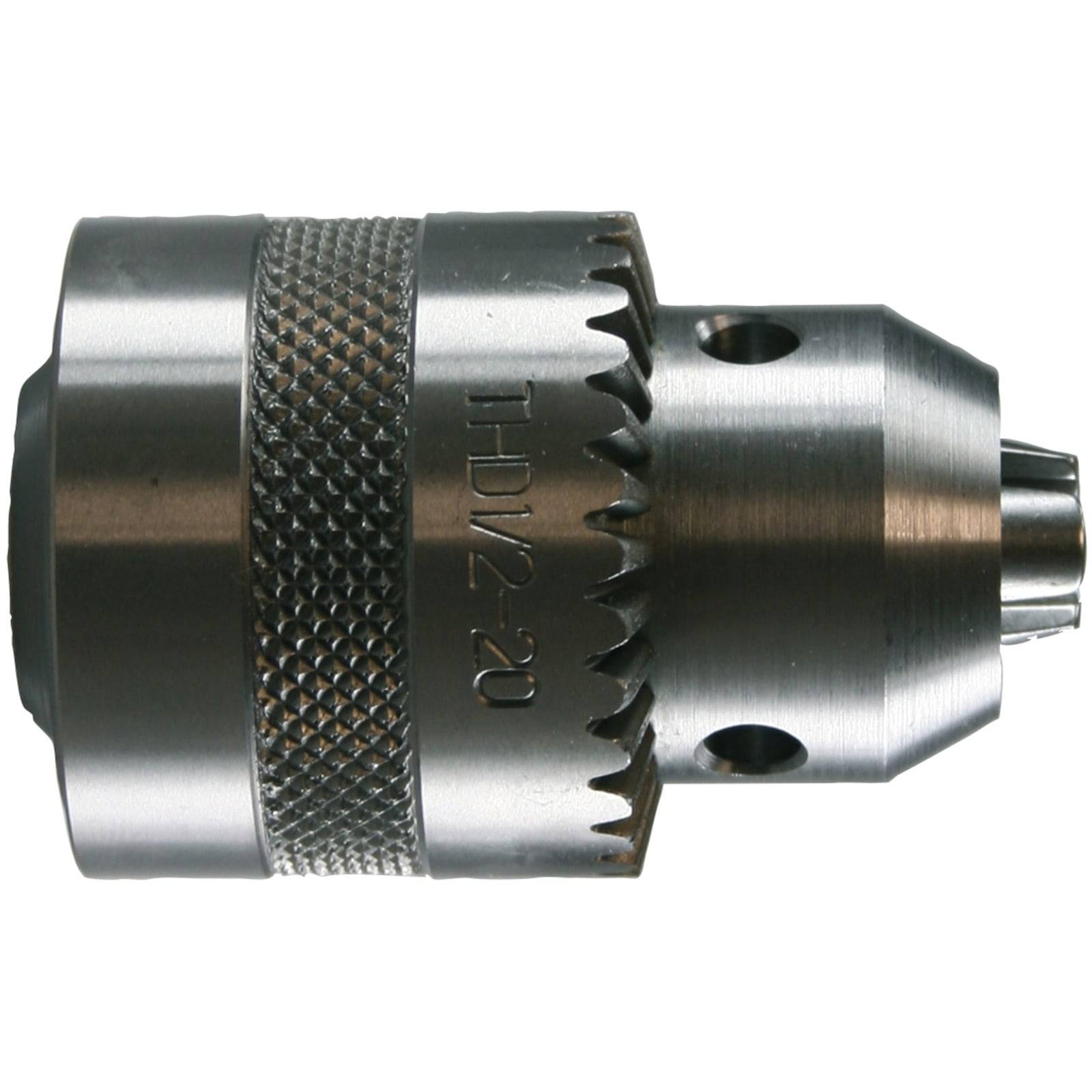 Eine metallische Bohreraufnahme mit einer strukturierten Griffoberfläche, gekennzeichnet mit 'THD1/2-20', mit zwei seitlichen Löchern zum Befestigen von Bohrern, verwendet in Elektrobohrmaschinen.