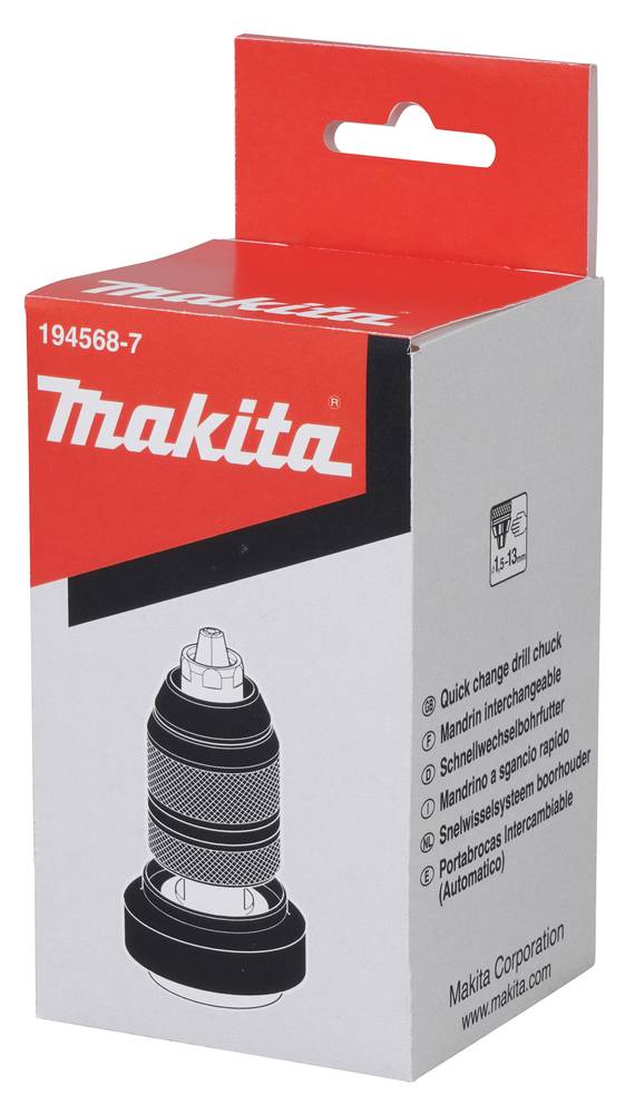 Makita 194568-7 Produktverpackung mit einem Schnellwechsel-Bohrfutter mit bedruckter Modellnummer, Logo und Funktionsliste.