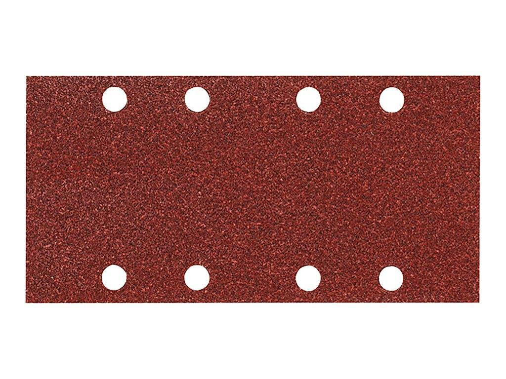 Rotes rechteckiges Schleifpapier mit acht gleichmäßig verteilten runden Löchern, wahrscheinlich für einen Elektroschleiffer.