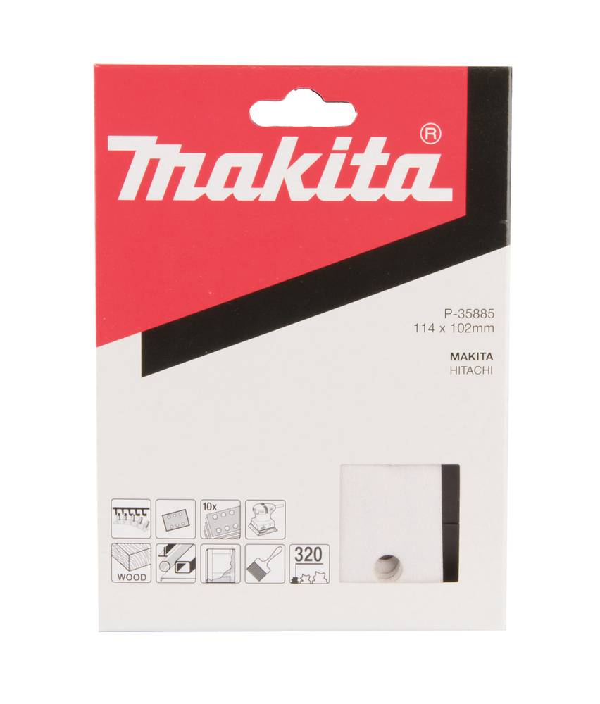 Makita-Schleifpapierpackung mit Bezeichnung „P-35885" und „114 x 102mm"", mit Symbolen für Holzbearbeitung und Körnung 320.