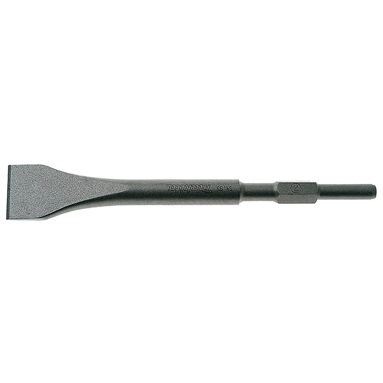 Ein langer, grauer Metallmeißel mit einer flachen, breiten Klinge und einem sechseckigen Schaft, der für den Einsatz mit einem Elektrowerkzeug für Meißelarbeiten konzipiert ist.