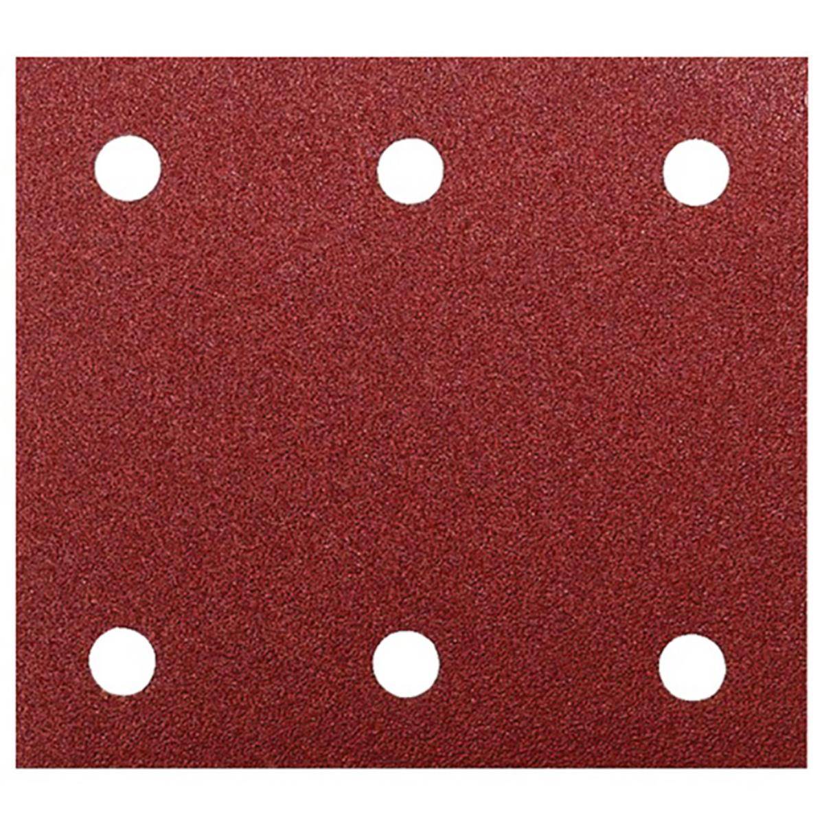 Rotes strukturiertes quadratisches Panel mit sechs gleichmäßig verteilten weißen Kreislöchern, drei oben und drei unten.