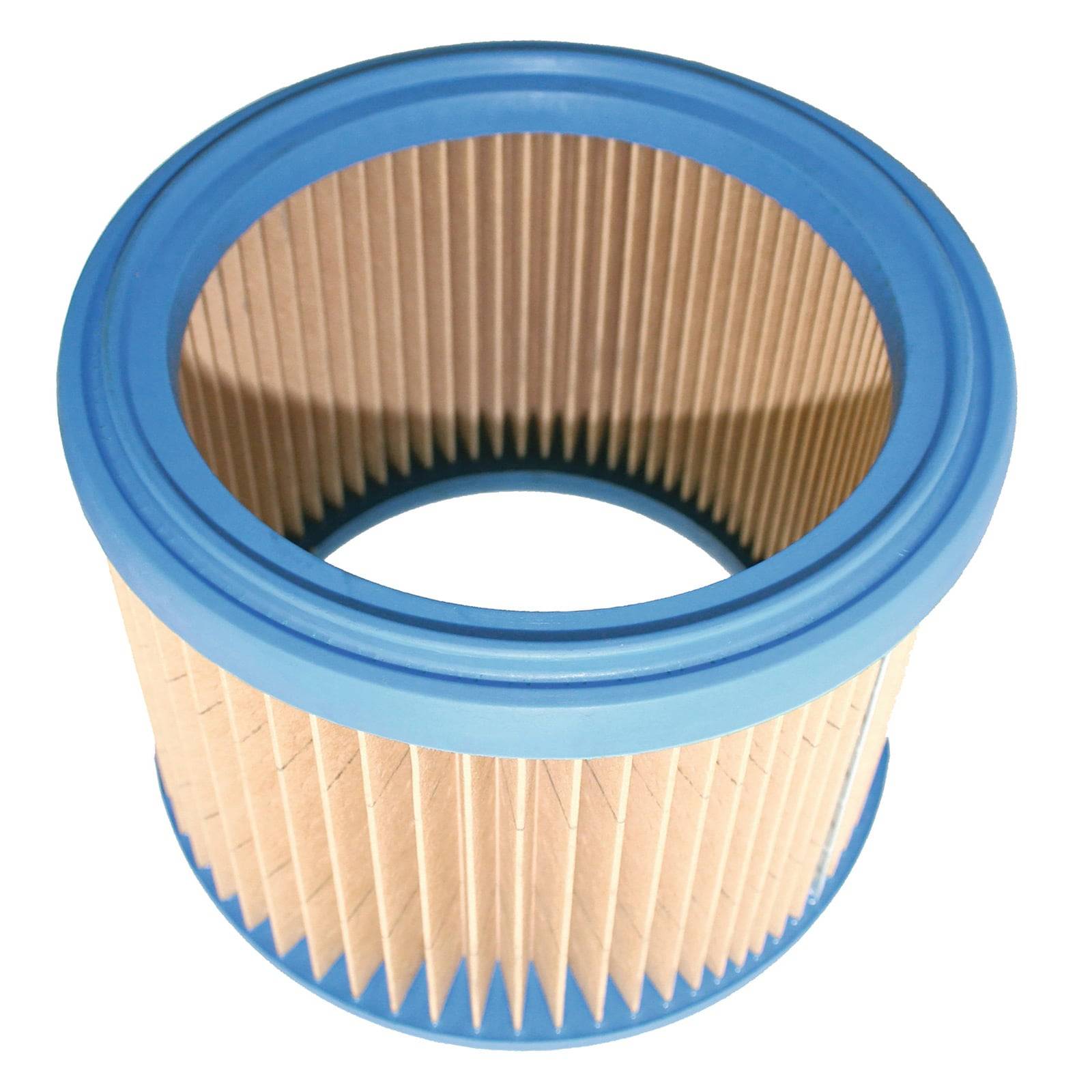 Zylindrischer Luftfilter mit blauen Gummielementen und beigem gefalteten Papierkern.