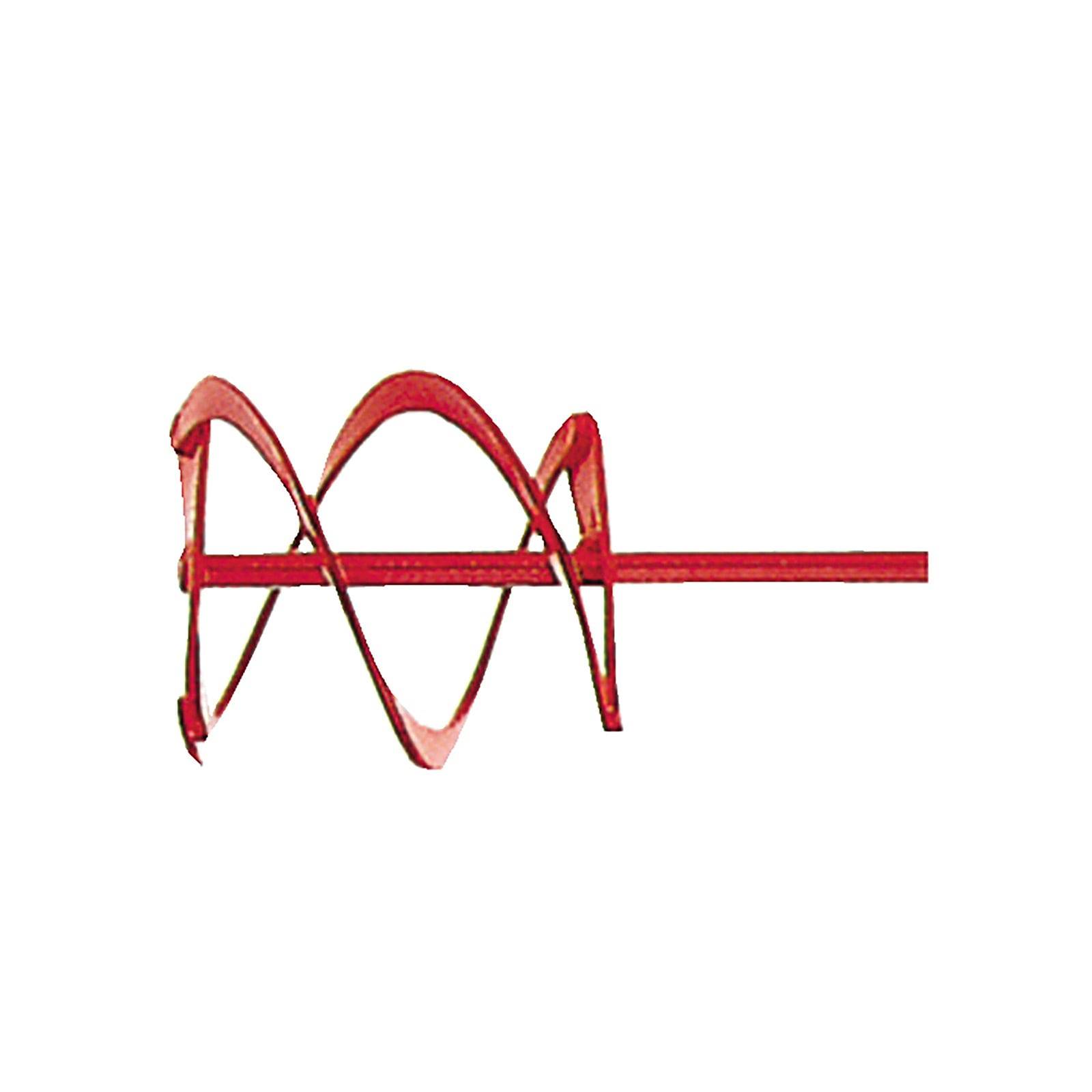 Ein roter Farbmischer-Aufsatz mit Spiralpaddeldesign für effizientes Mischen von Flüssigkeiten oder halbflüssigen Stoffen.