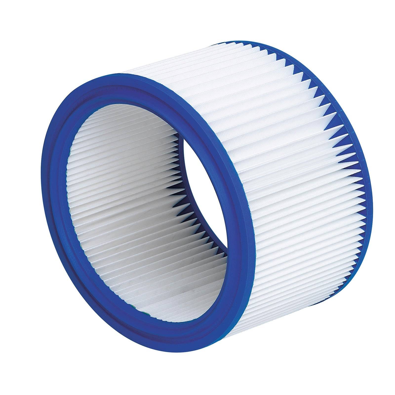 Eine zylindrische Luftfilterkassette mit blauen Kanten und weißem Faltenmaterial, die zum Entfernen von Partikeln aus der Luft in HVAC-Systemen verwendet wird.
