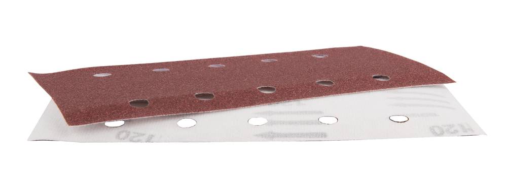 Zwei sich überlappende, abrasive Schleifblätter mit perforierten Löchern, eines rot und eines weiß, auf weißem Hintergrund dargestellt.