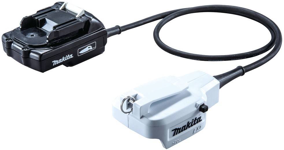 Makita Akku-Adapter mit Kabel, der die Steckverbindung zum Laden oder Betreiben kompatibler Geräte zeigt.