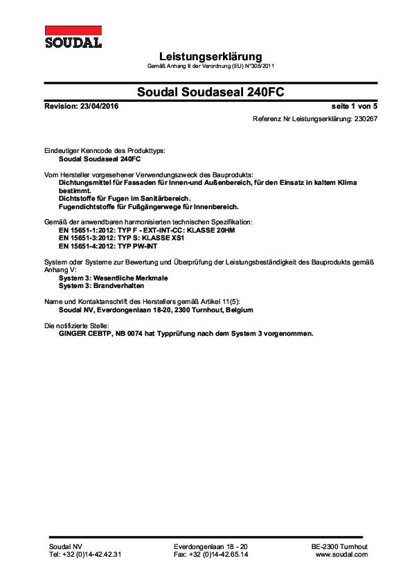 Kleb- u.Dichtstoff Soudaseal 240FC grau 290ml Kartusche SOUDAL