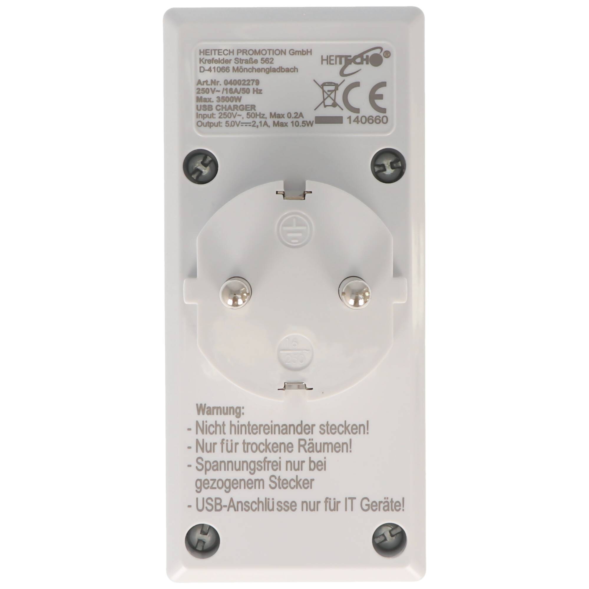 2-fach Steckdosenadapter mit 2 USB Ladeanschlüssen, max. 2,1A Ladestrom