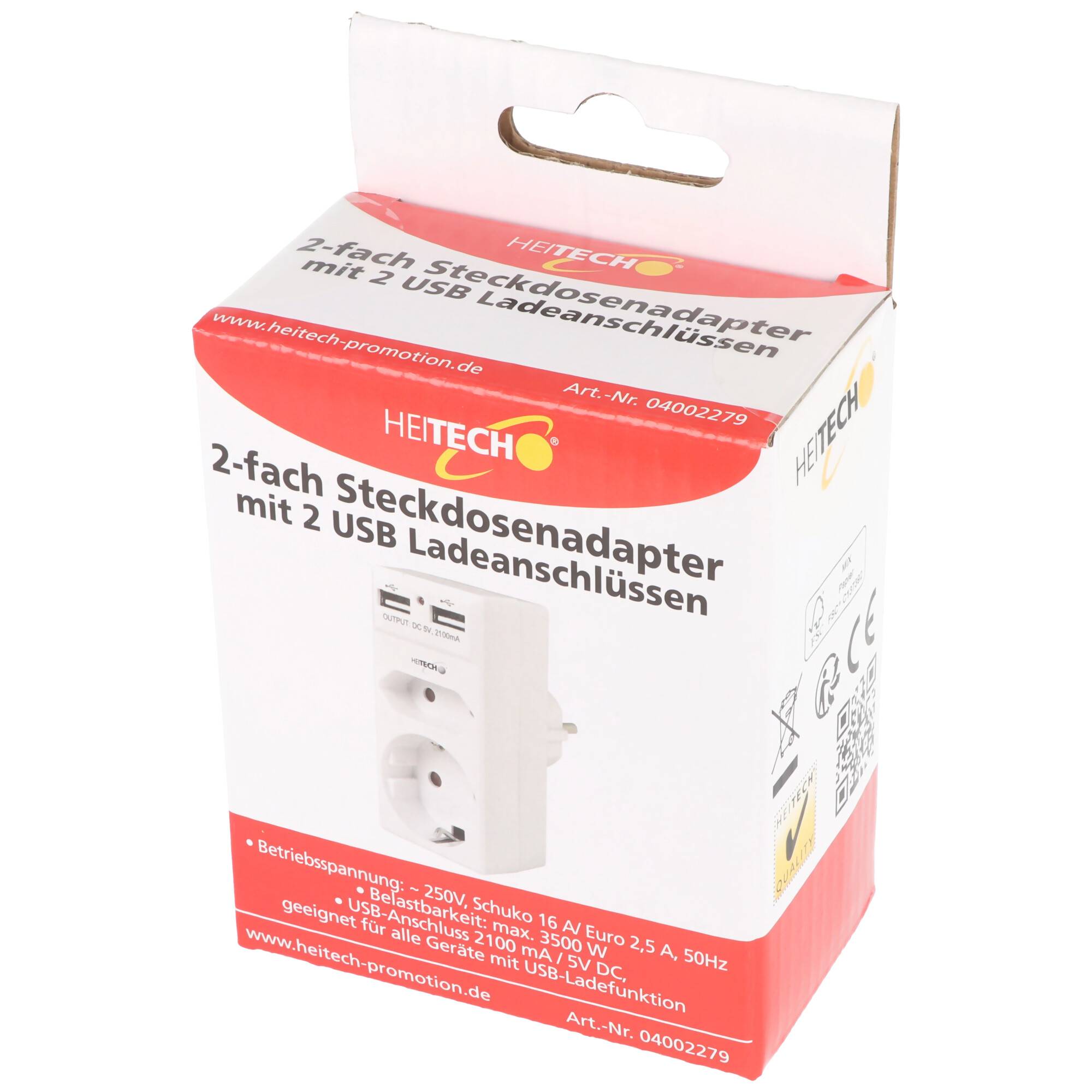 2-fach Steckdosenadapter mit 2 USB Ladeanschlüssen, max. 2,1A Ladestrom