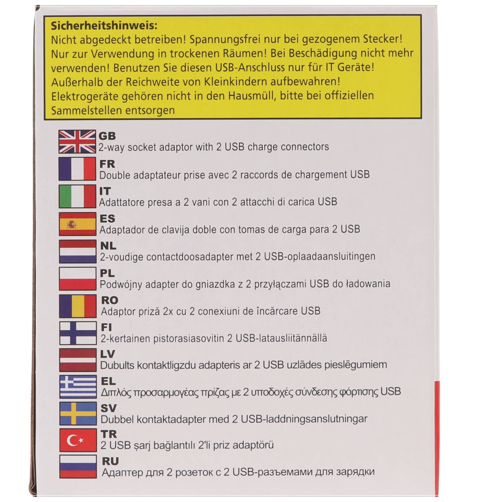 2-fach Steckdosenadapter mit 2 USB Ladeanschlüssen, max. 2,1A Ladestrom