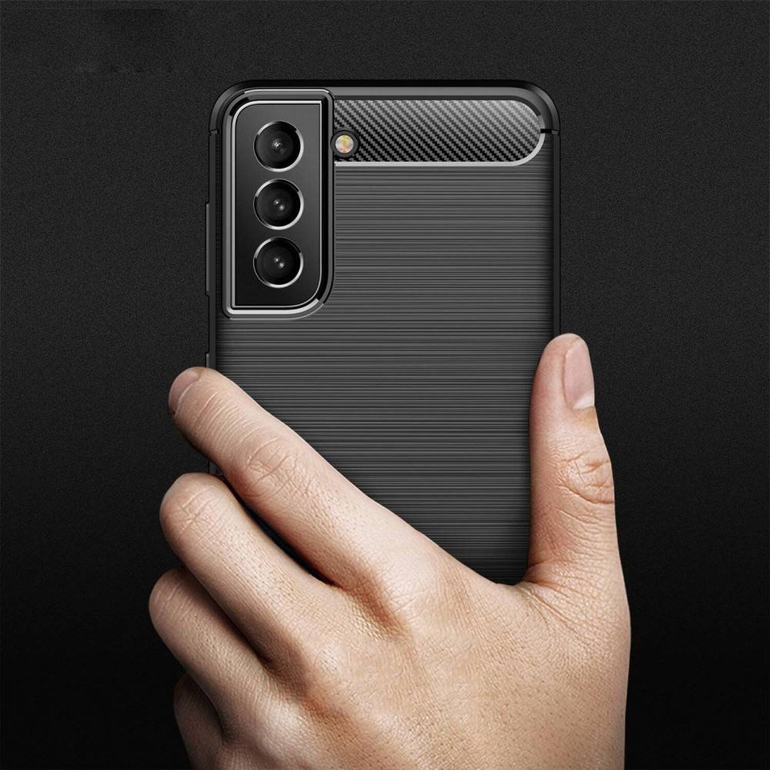 Silikon Hülle Bumper Carbon kompatibel mit SAMSUNG GALAXY S22+ (SM-906B) Case TPU Soft Handyhülle Cover Schwarz