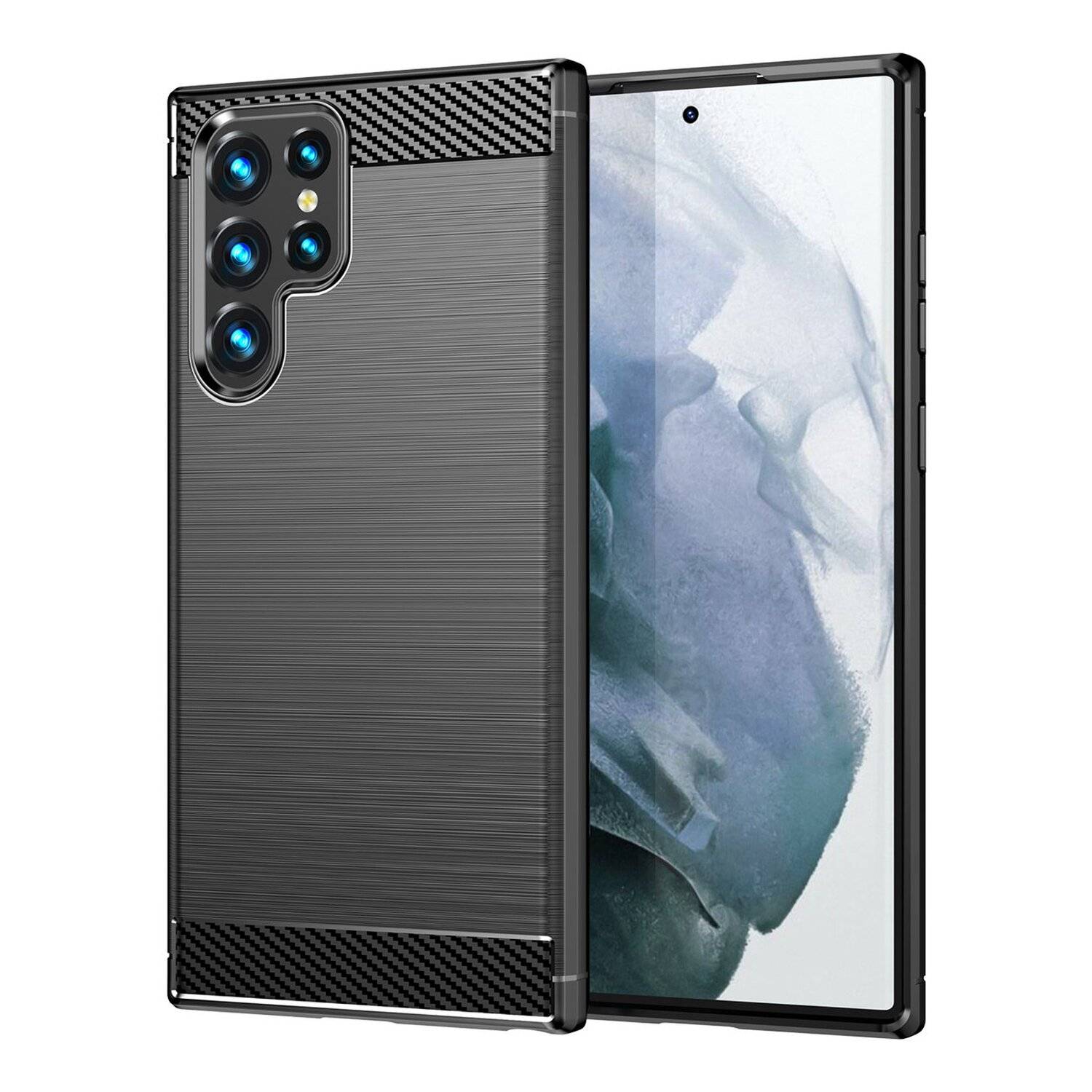 Silikon Hülle Bumper Carbon kompatibel mit SAMSUNG GALAXY S22 Ultra (SM-908B) Case TPU Soft Handyhülle Cover Schwarz
