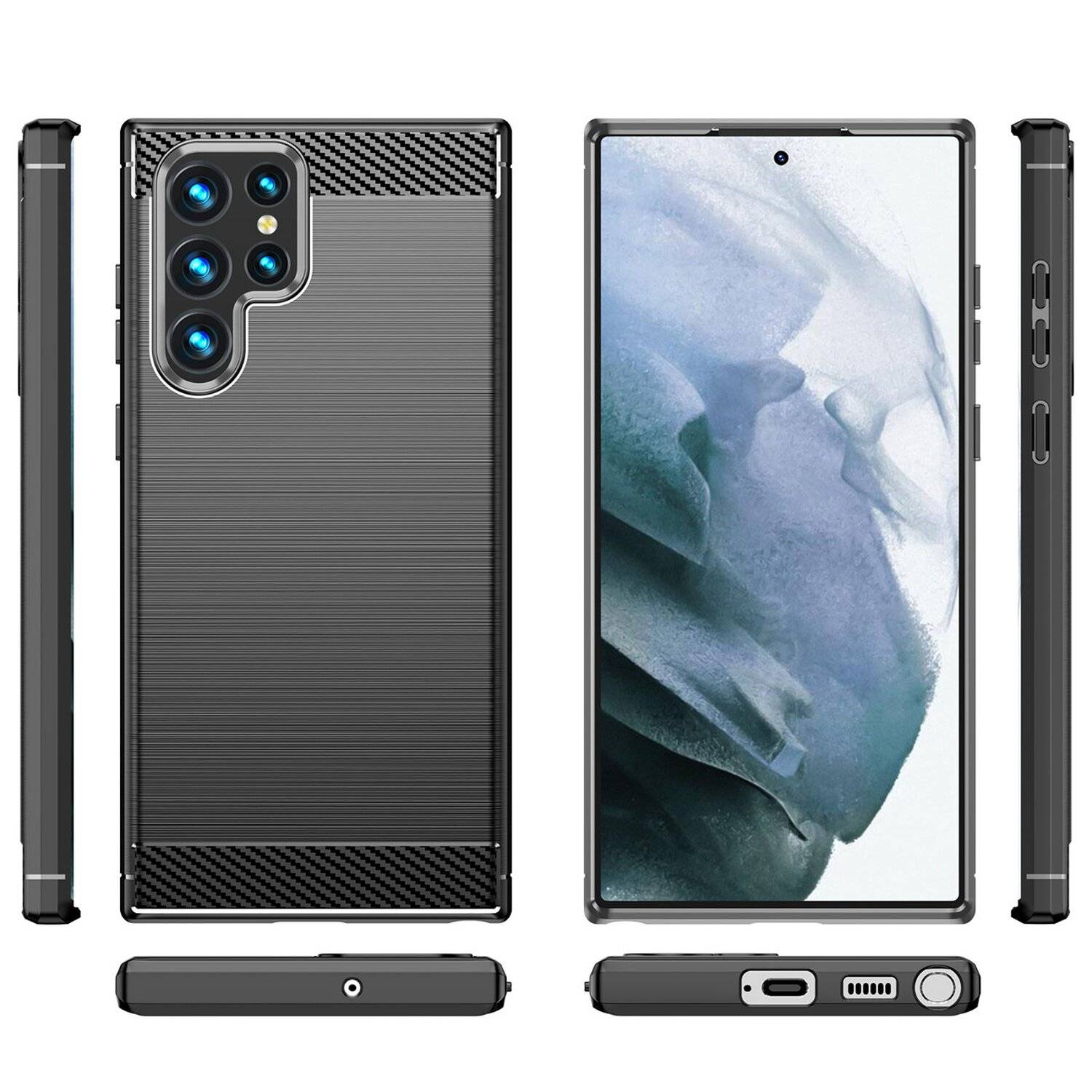 Silikon Hülle Bumper Carbon kompatibel mit SAMSUNG GALAXY S22 Ultra (SM-908B) Case TPU Soft Handyhülle Cover Schwarz