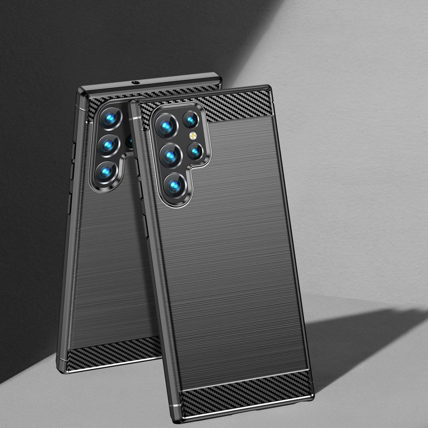 Silikon Hülle Bumper Carbon kompatibel mit SAMSUNG GALAXY S22 Ultra (SM-908B) Case TPU Soft Handyhülle Cover Schwarz