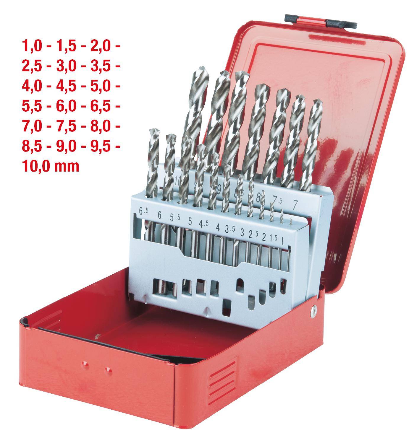 HSS-G Spiralbohrer-Satz, Stahlblechkassette, 19-tlg 1-10mm