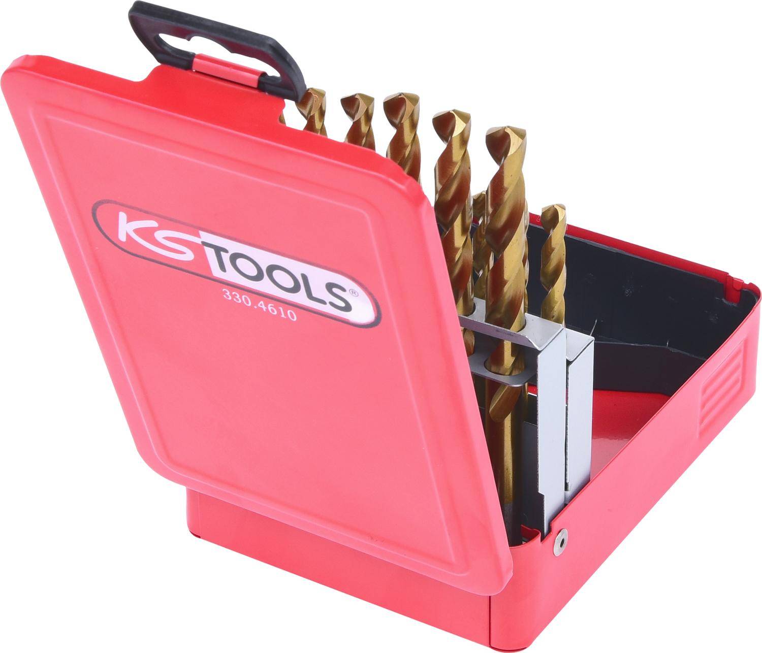 KS TOOLS HSS TiN Spiralbohrer-Satz, Stahlblechkassette 19-tlg 1-10mm