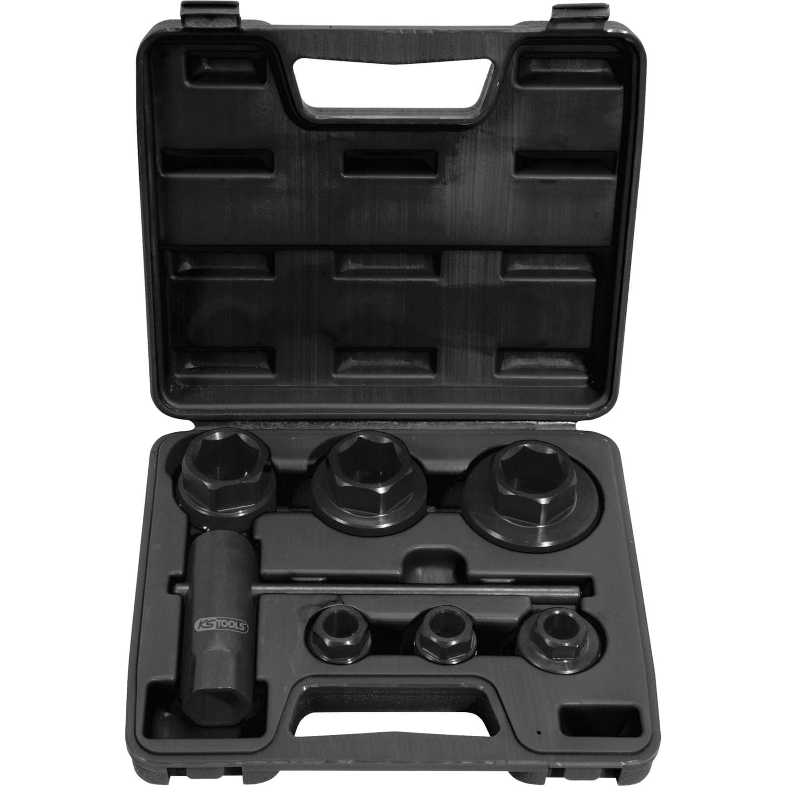 Ein schwarzer Werkzeugkoffer ist geöffnet und zeigt verschiedene runde Schraubenschlüssel und einen Griff, die sauber und ordentlich angeordnet sind.