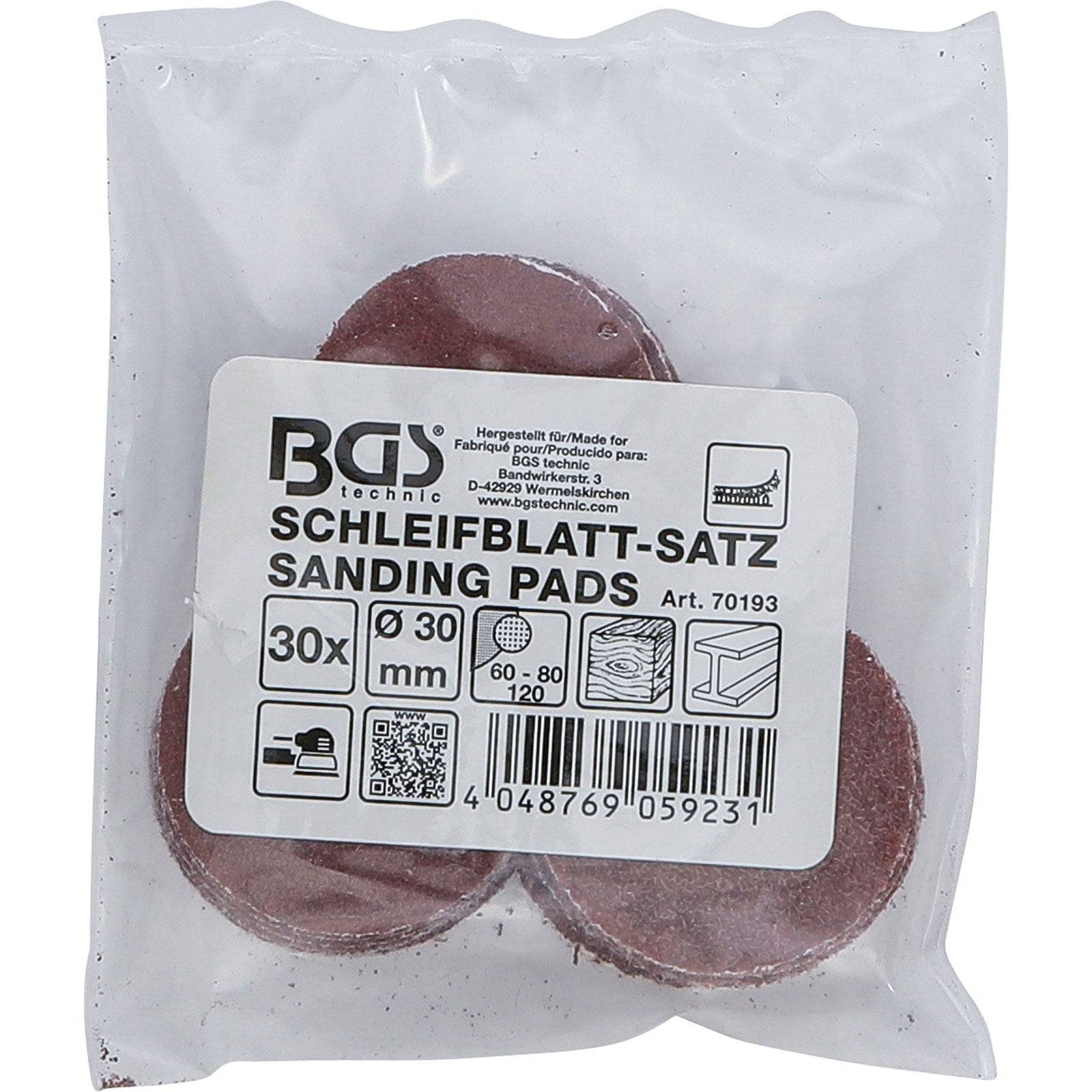 Packung von 'BGS Technic Schleifblatt-Satz' Schleifpads, 30 Stück, 30 mm Größe, Körnungen von 60 bis 120, in durchsichtiger Kunststoffverpackung.