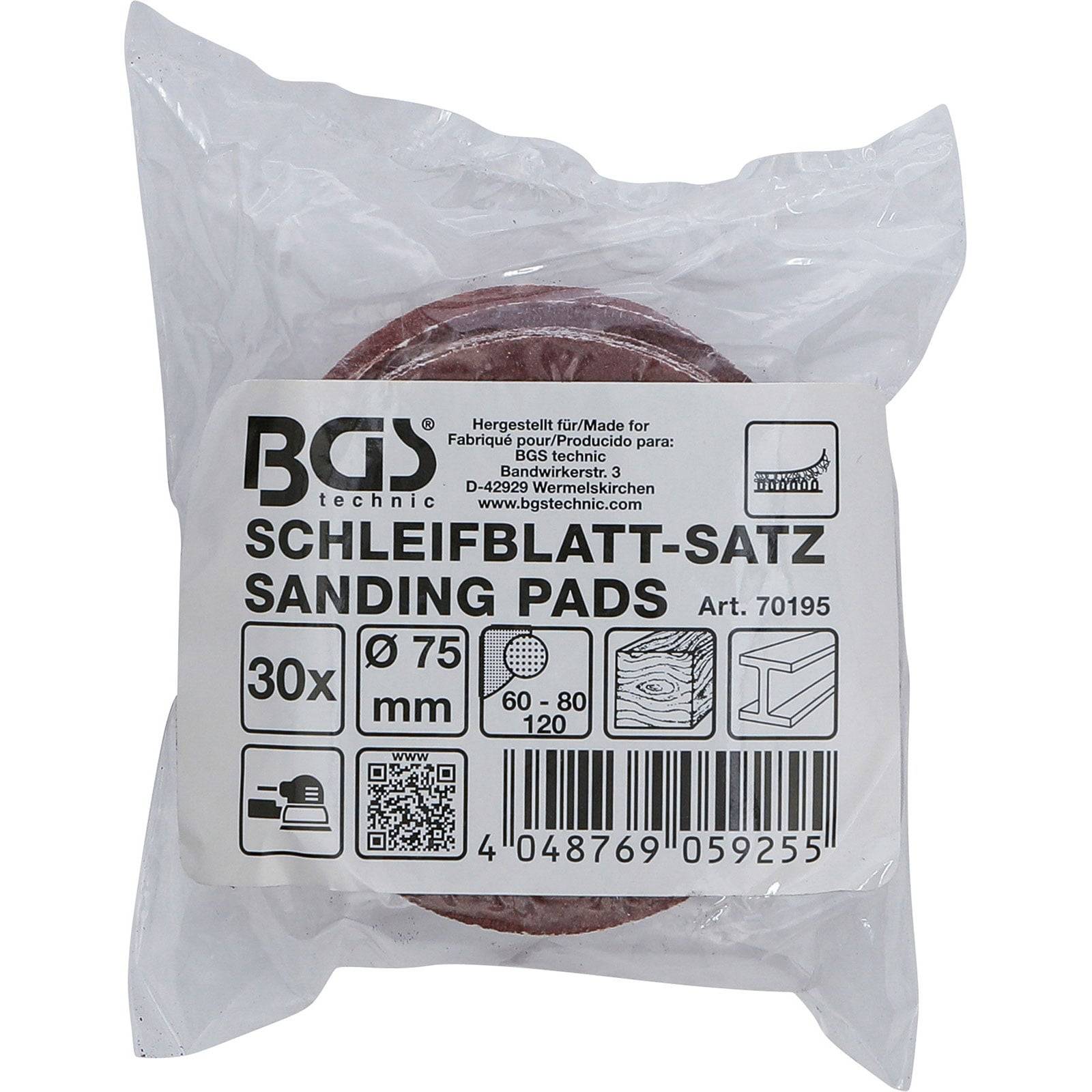BGS Schleifpads-Packung mit 30 Stück. Größen und Körnungen: 60, 80, 120 beschriftet. Für Schleifarbeiten geeignet.