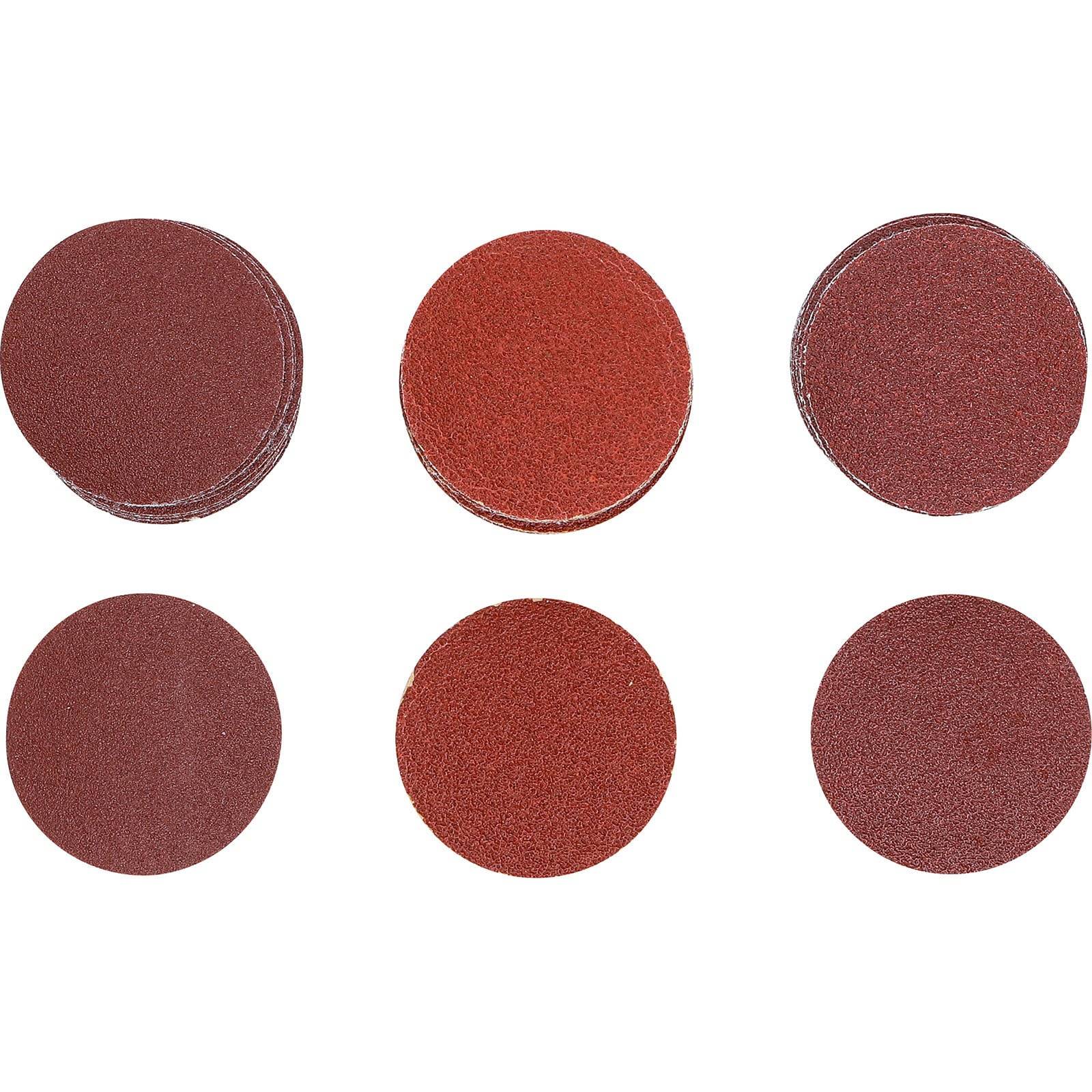 Sechs runde Schleifpapierbogen, in zwei Reihen mit je drei Blättern angeordnet, mit unterschiedlichen Körnungstexturen von grob bis fein, auf einem weißen Hintergrund präsentiert.