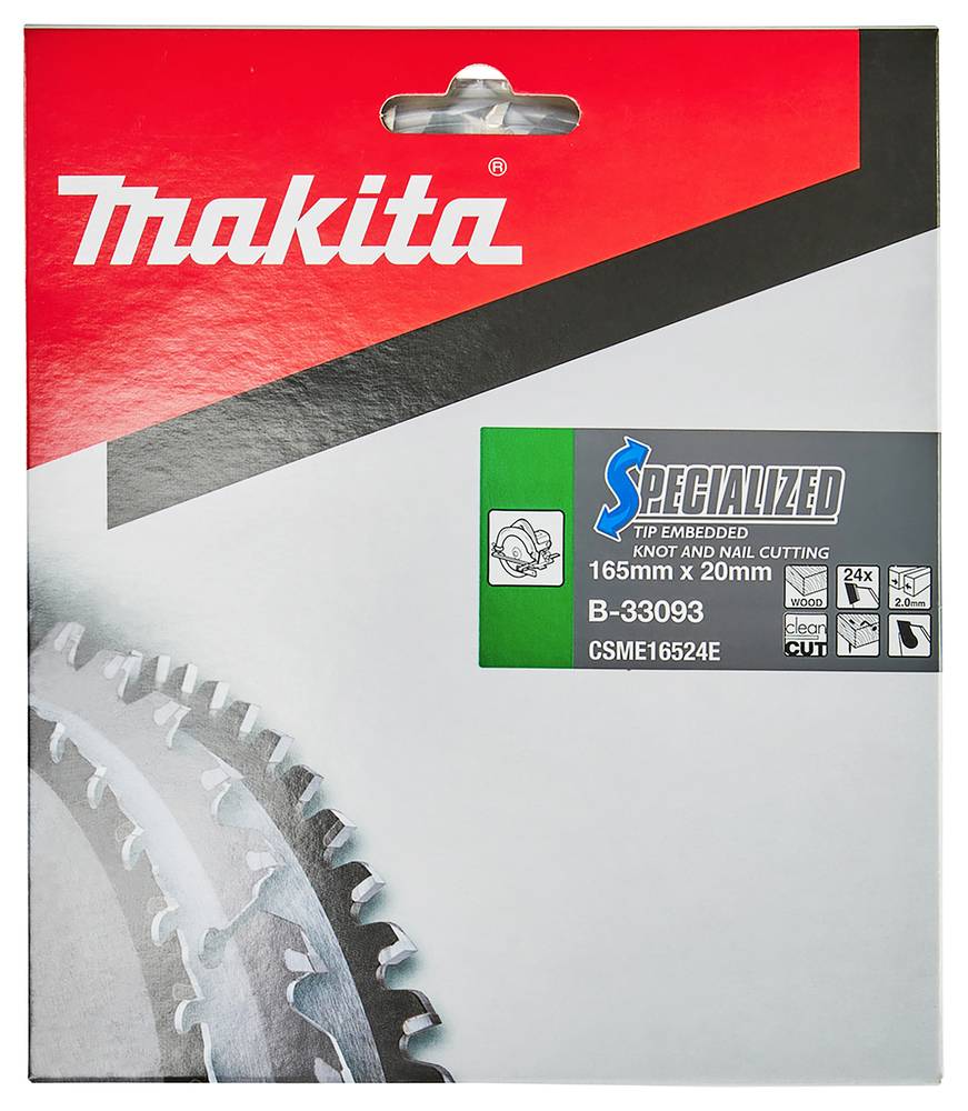 Makita Spezial-Sägeblatt-Paket, gekennzeichnet mit 'TIPP EINGEBETTETE KNOTEN UND NÄGEL SCHNEIDEN' und '165mm x 20mm', Modell B-33093.
