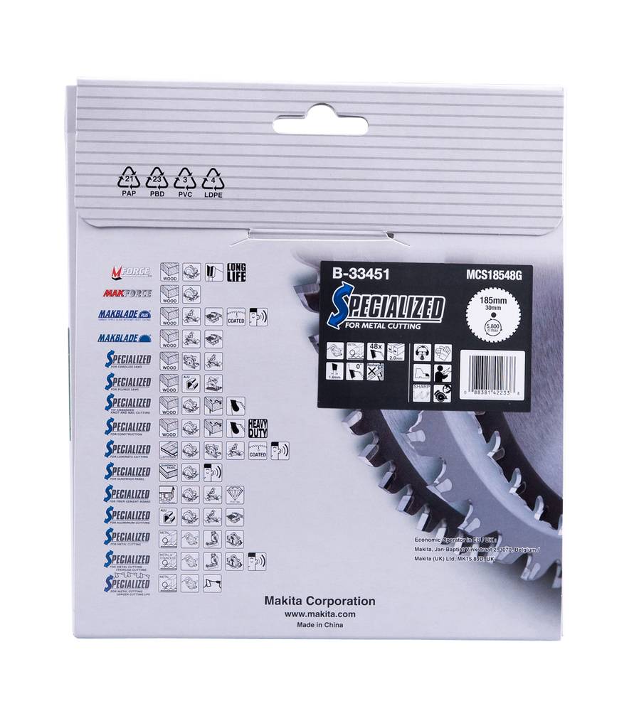 Verpackung für ein spezialisiertes Kreissägeblatt von Makita, Modell B-33451, 185 mm mit 30 Zähnen, zum Schneiden von Metall.