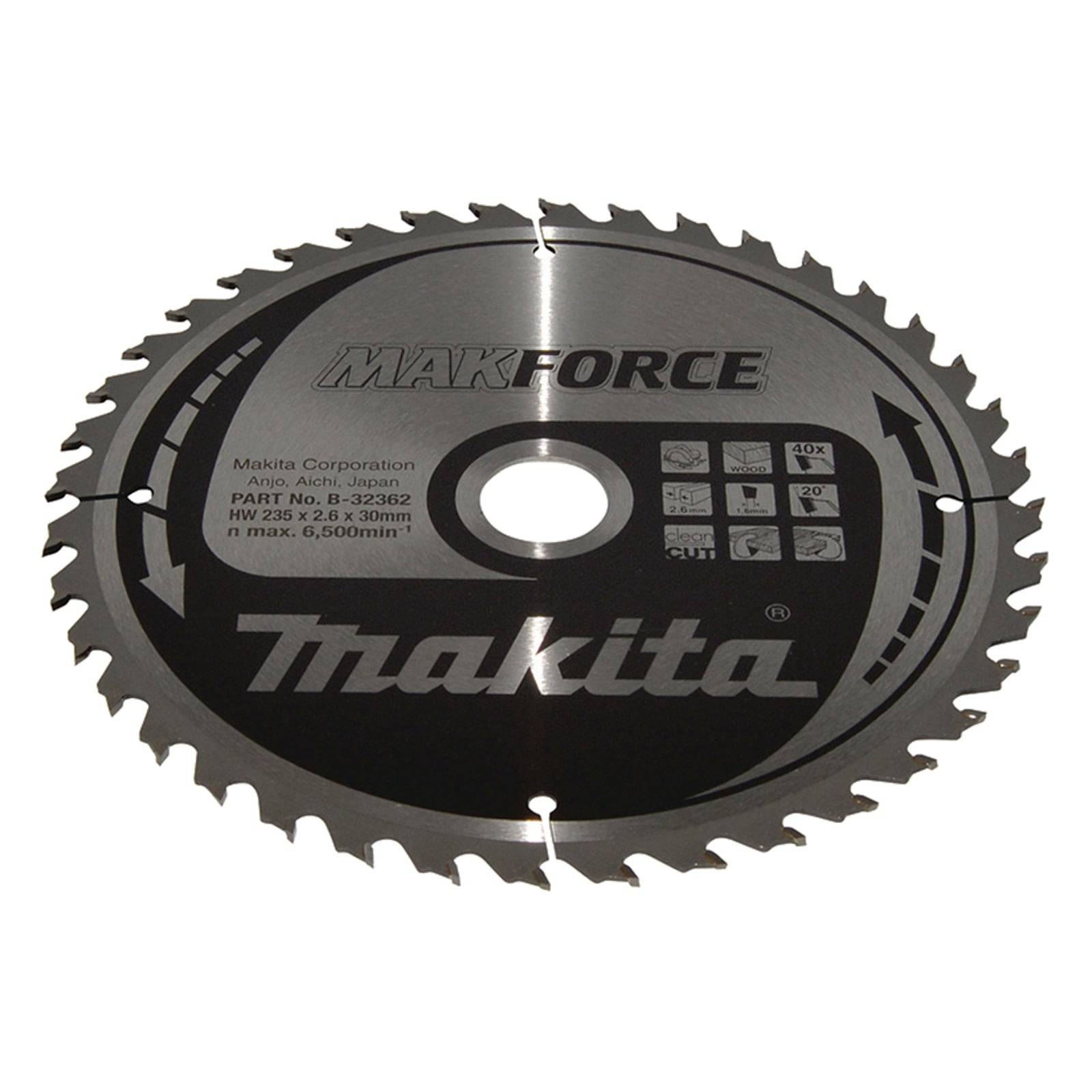 Kreissägeblatt mit 'Makita' Logo, silber und schwarzes Design, Zähne entlang des Randes, gekennzeichnet zum Holzschneiden, max. 6.600 U/min.