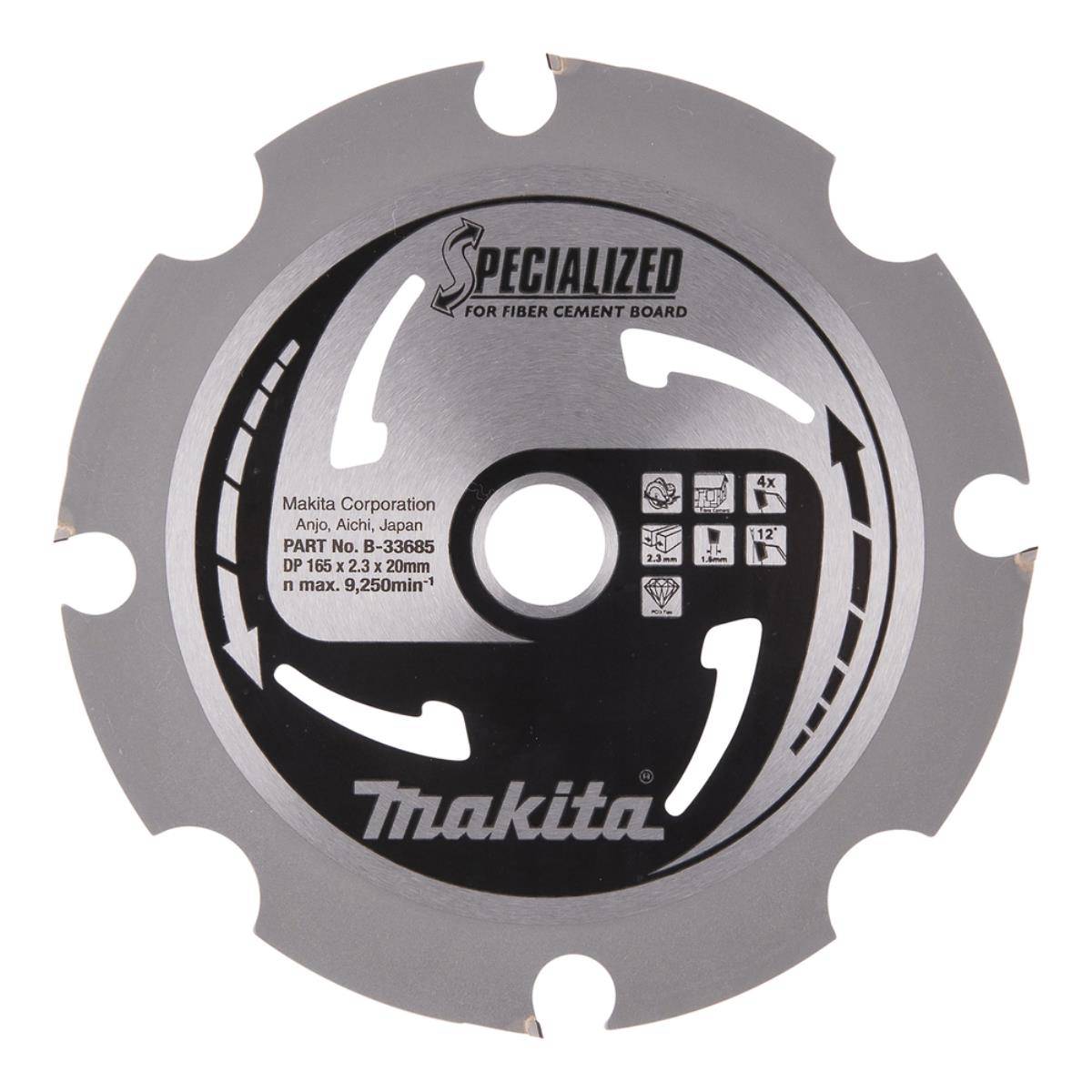 Makita Spezialisierte Sägeblatt für Faserzementplatte, ein Kreissägeblatt mit Schneidezähnen und Produktkennzeichnungen.
