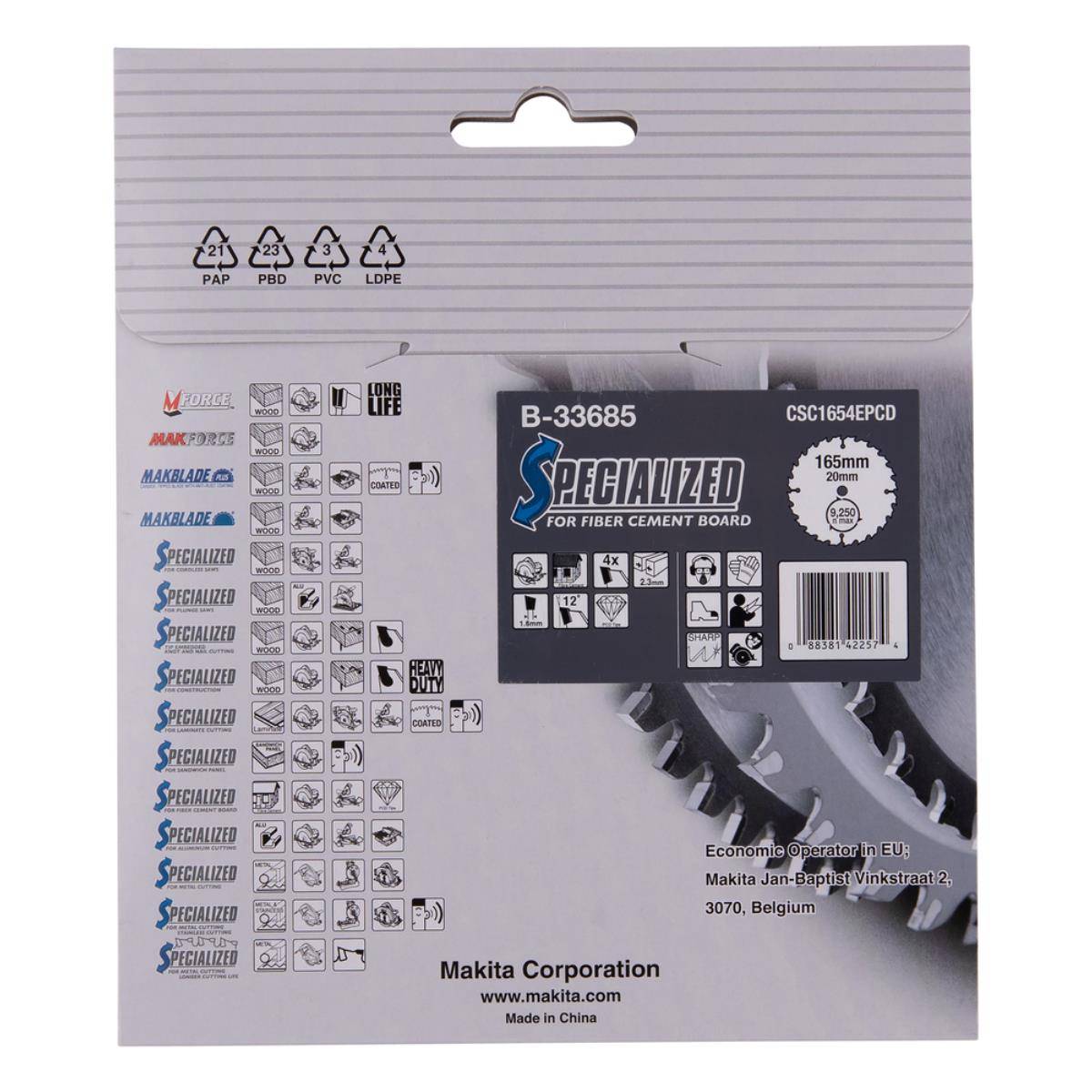 Verpackung für Makita Spezial-Kreissägeblatt 165 mm, mit Kompatibilitätssymbolen, Strichcode und Branding der Makita Corporation.