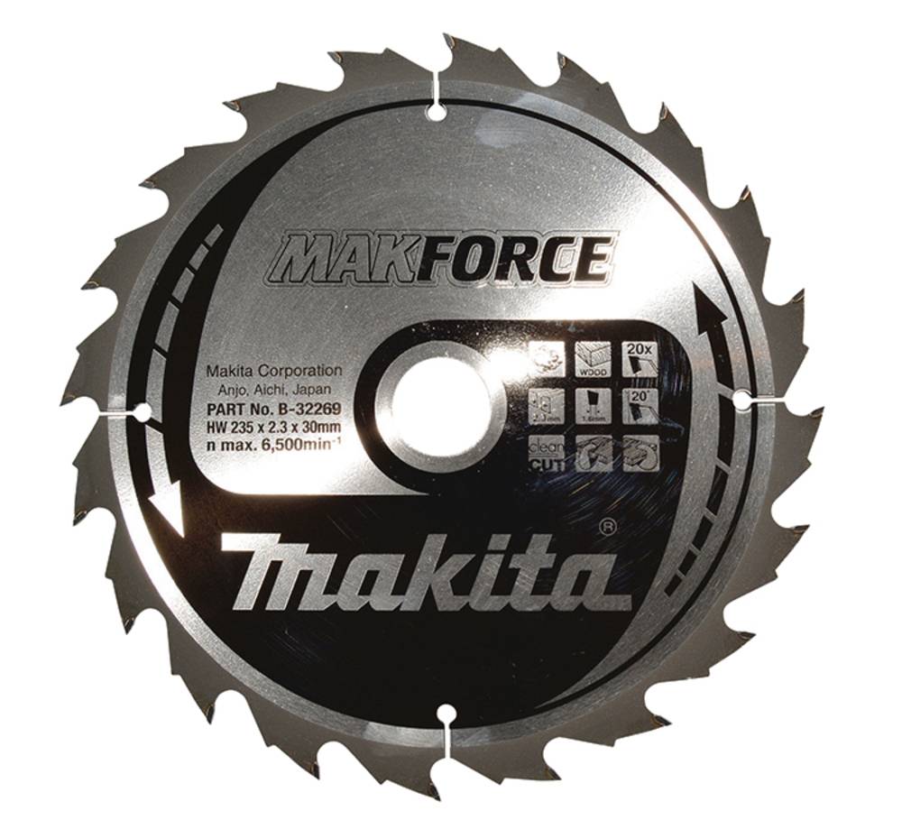 Makita Makforce Kreissägeblatt mit Hartmetallzähnen, gekennzeichnet für Holzschnitt und Größe 235 mm.
