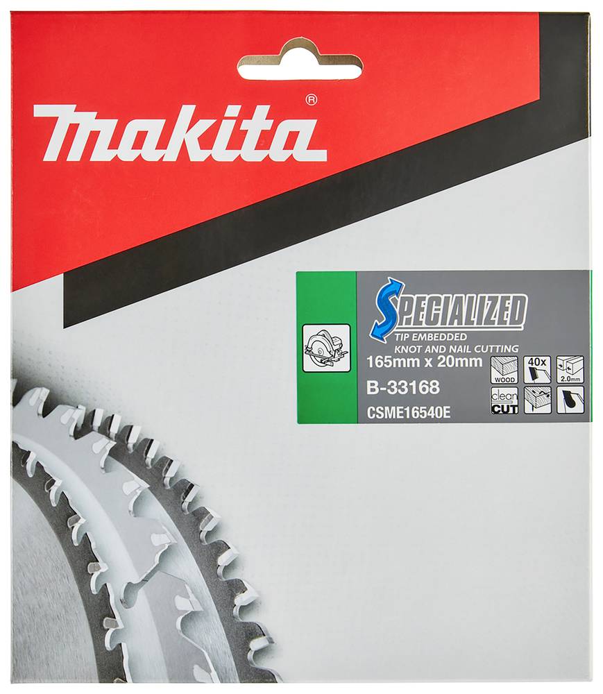 Makita Spezialisierte spitzenverstärkte Kreissägeblätter-Verpackung, gekennzeichnet mit B-33168, 165mm x 20mm, für Holz und saubere Schnitte.
