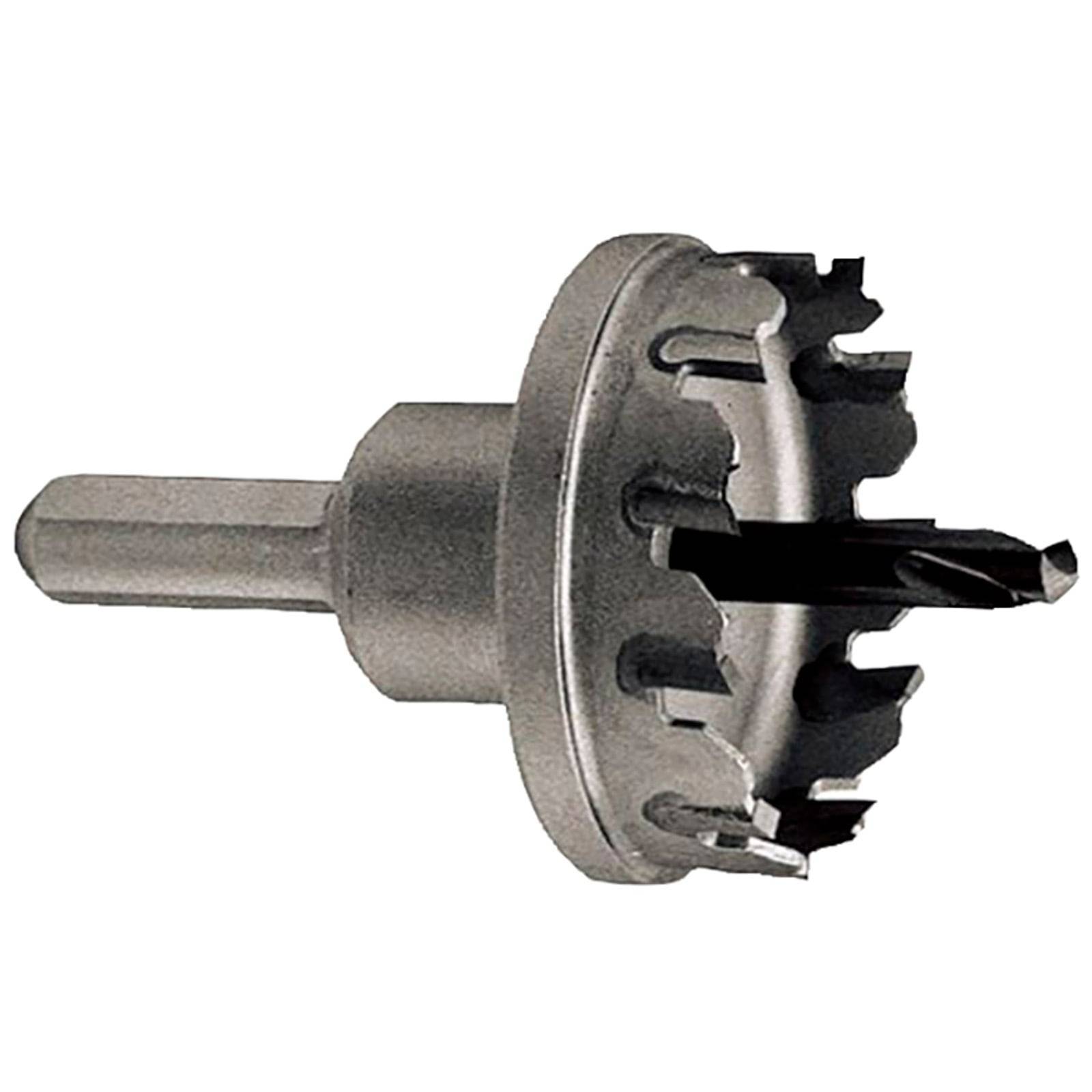 Metall-Lochsägebit mit gezackten Zähnen, zentralem Bohrer und sechskantigem Schaft zum Schneiden von Löchern in Materialien wie Holz oder Metall.