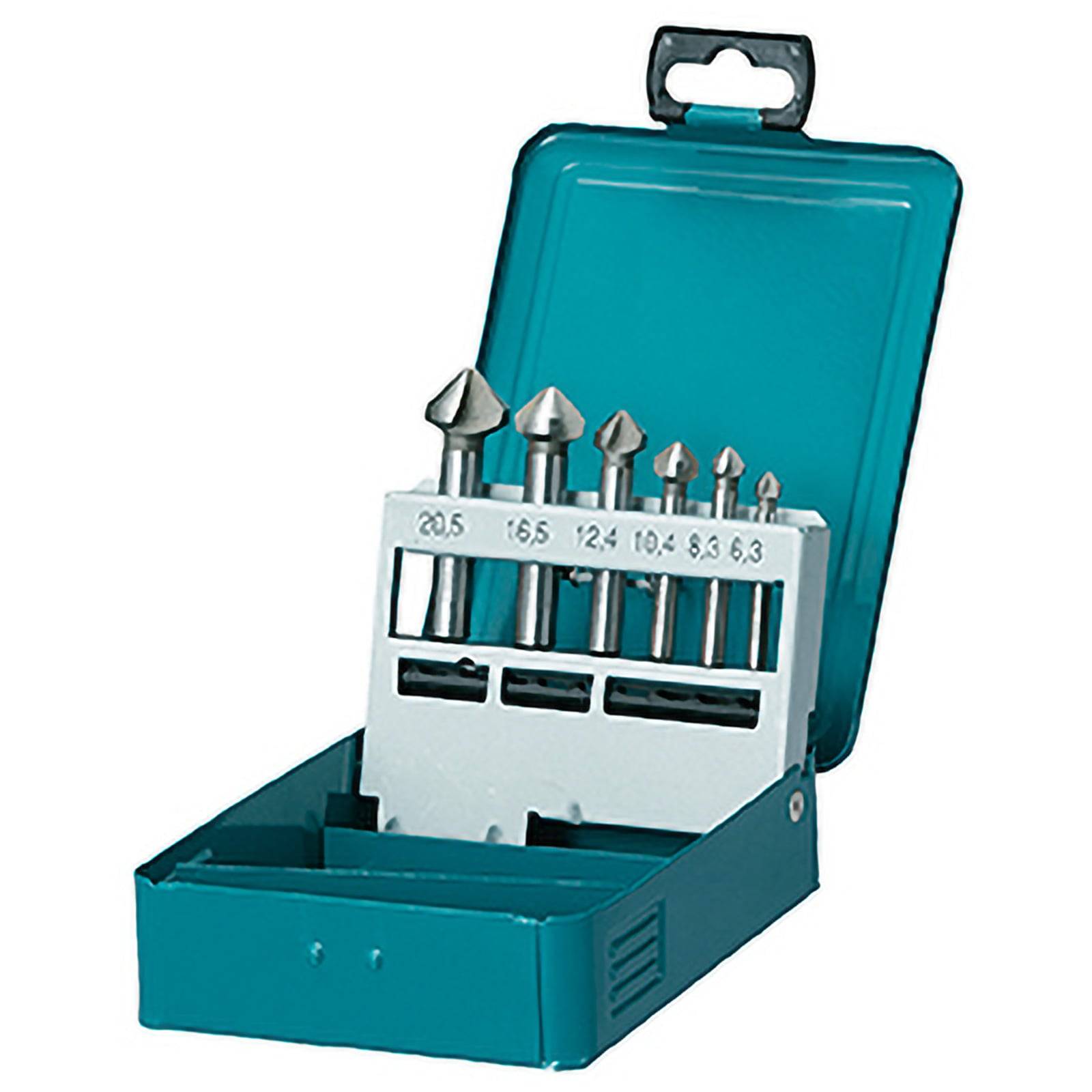 Ein Satz Senkerbohrer in verschiedenen Größen wird in einer offenen blauen Plastikbox präsentiert, der üblicherweise für Holz- oder Metallbearbeitung verwendet wird.