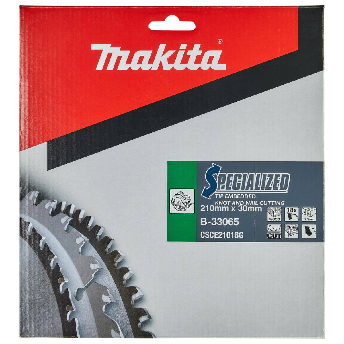 Makita Spezialisierte Spitze mit eingebetteter 210mm x 30mm Sägeblatt-Verpackung, gekennzeichnet mit B-33065 und CSCE21018G.