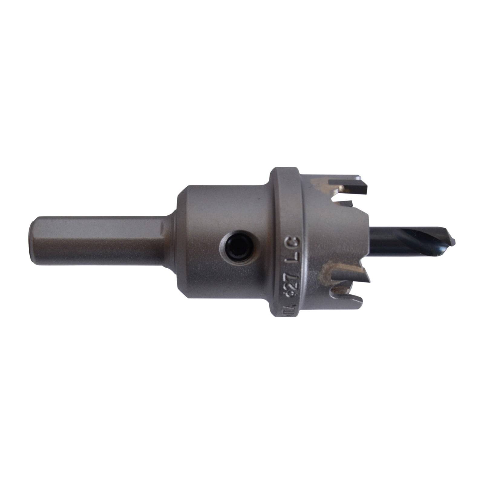 Ein Lochsägebohrer aus Metall mit Sechskantschaft und Zähnen, der zum Schneiden großer Löcher in Materialien wie Holz oder Metall entwickelt wurde.