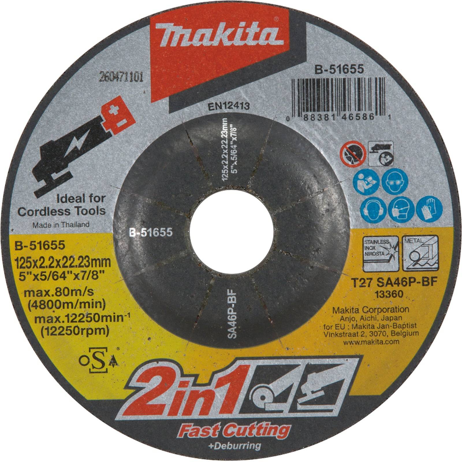 Ein kreisförmiger Makita-Trennscheibe für akkubetriebene Werkzeuge, gekennzeichnet als '2in1 Schnell Schneiden + Entgraten', max 80m/s, Größe 125x2.2x22.23mm.