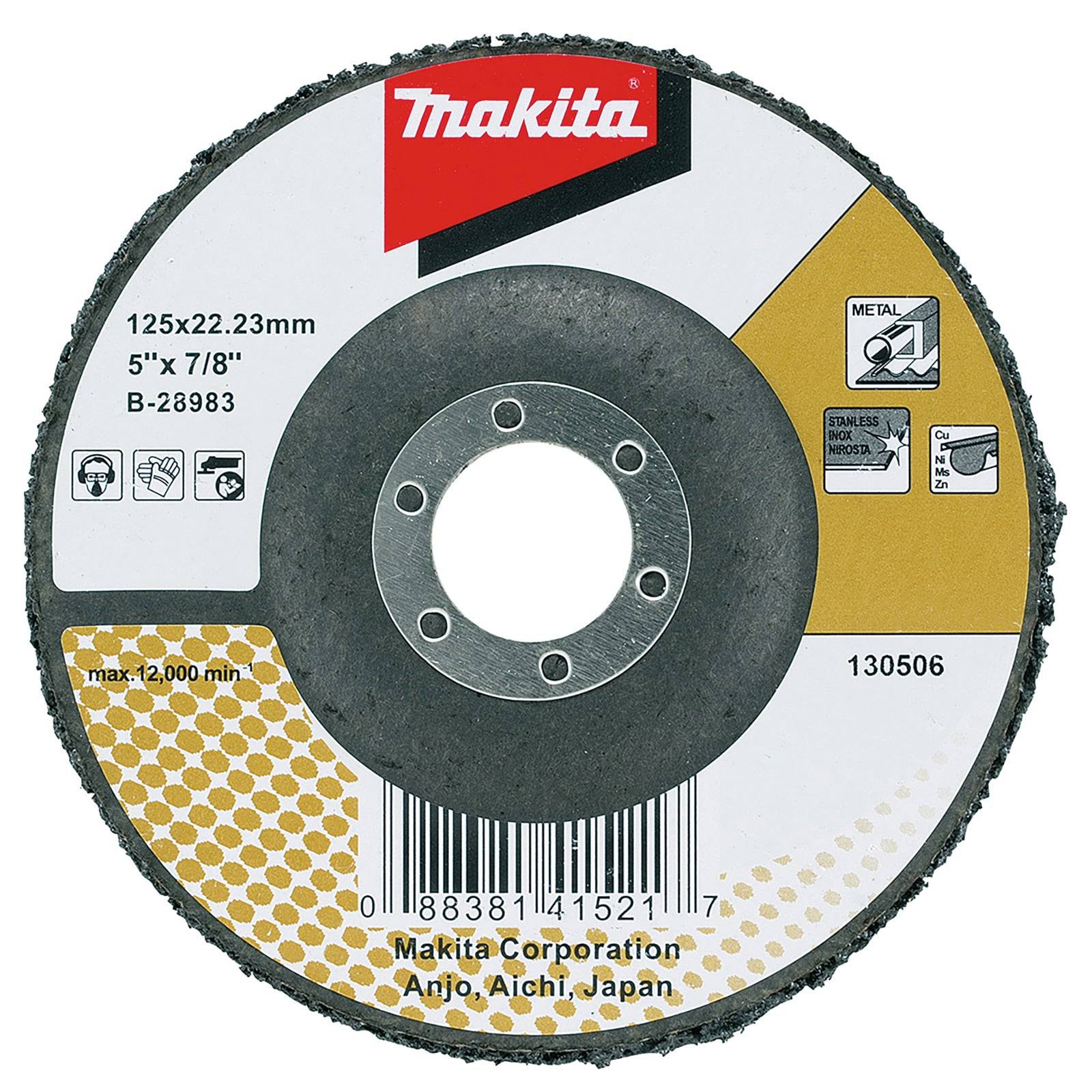 Schleifscheibe der Marke 'Makita', gekennzeichnet für Metallbearbeitung, Größe 125x22,23 mm, max. 12.000 U/min, mit Produktcode B-28983. Hergestellt in Japan.