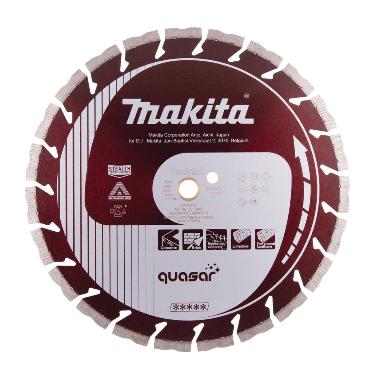 Makita Quasar segmentiertes Kreissägeblatt mit Diamantschneidkante, von vorne auf weißem Hintergrund gezeigt.