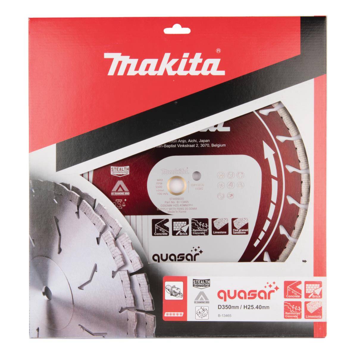 Makita Quasar Kreissägeblatt-Paket, das ein großes gezahntes Blatt und Produktetiketten mit einem Durchmesser von 350 mm und einer Höhe von 25,4 mm zeigt.