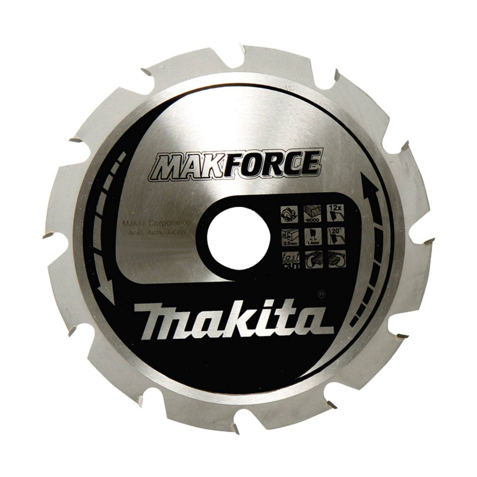 Makita Kreissägeblatt mit einer silbernen Oberfläche, beschriftet mit ‚MakForce', zeigt verschiedene Blattspezifikationen und Sicherheitssymbole.