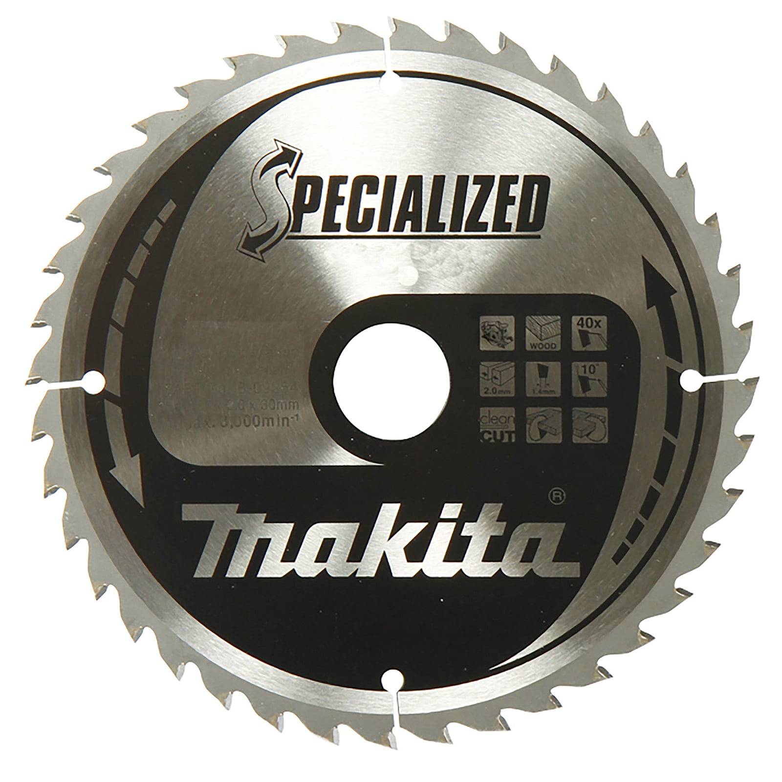 Sägeblatt mit der Bezeichnung Specialized Makita, 40 Zähne, 305 mm Durchmesser, zum Holzschneiden. Pfeile zeigen die Drehrichtung an.