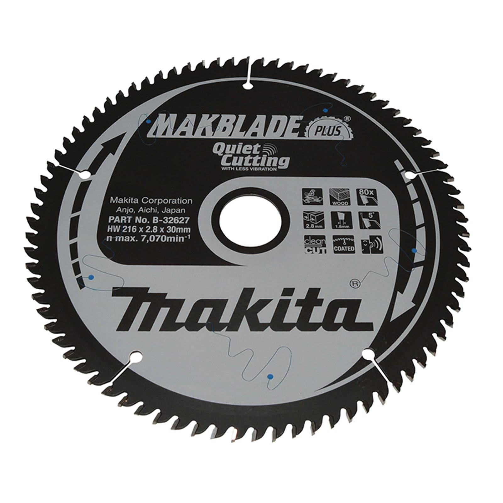 Eine Kreissägeblatt, das von Makita als 'Makblade Plus' gekennzeichnet ist und für leises Schneiden entwickelt wurde. Modellnummer B-36227, mit aufgedruckten Spezifikationen.
