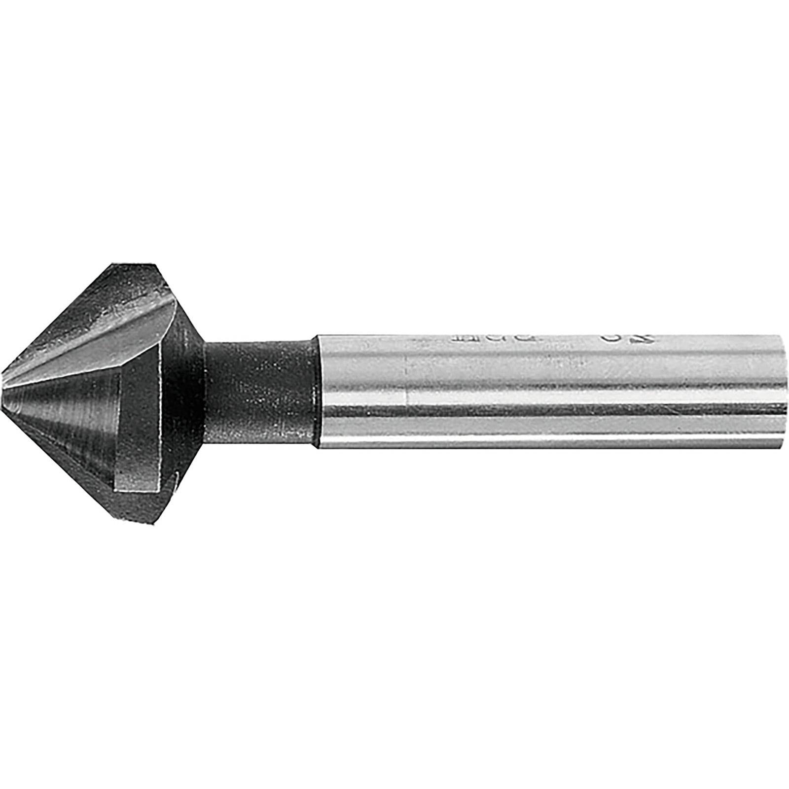 Ein Kegelsenker aus Metall mit einem kegelförmigen Kopf und einem zylindrischen Schaft, der zum Bohren und Erzeugen einer konischen Vertiefung verwendet wird.