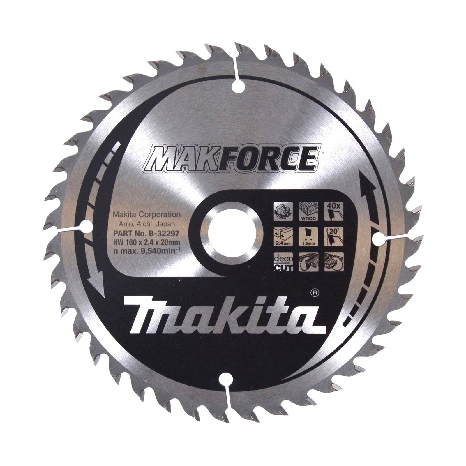 Kreissägeblatt mit 'Makita' Logo, beschriftete Details zeigen 'Makforce', 165 mm Durchmesser, 24 Zähne, maximal 9500 Umdrehungen pro Minute, mit Materialbeschreibung.