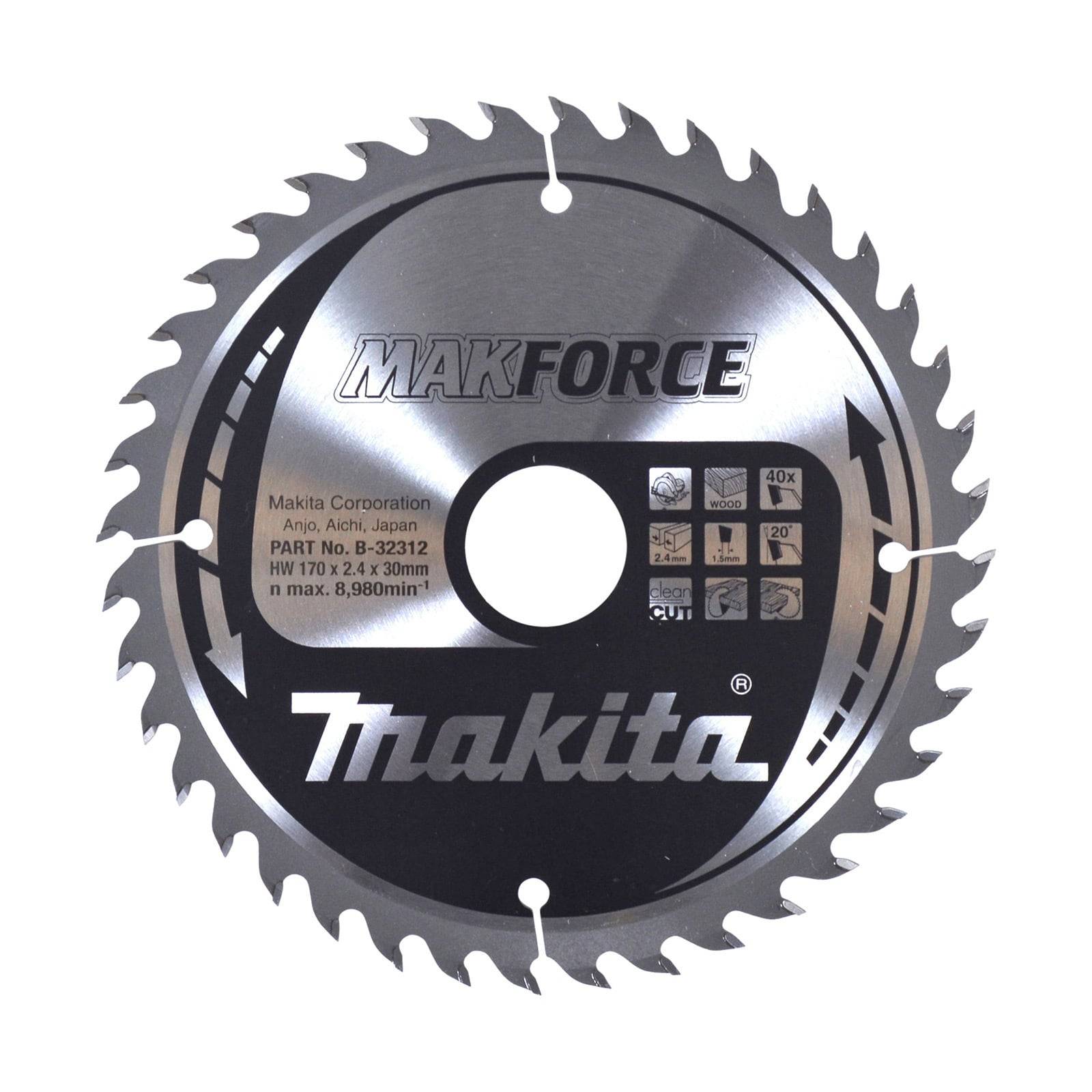 Sägeblatt mit Beschriftung 'Makita', mit folgenden Spezifikationen: 170 mm Durchmesser, 24 Zähne, 33 mm Breite, verfügbar für verschiedene Materialien.