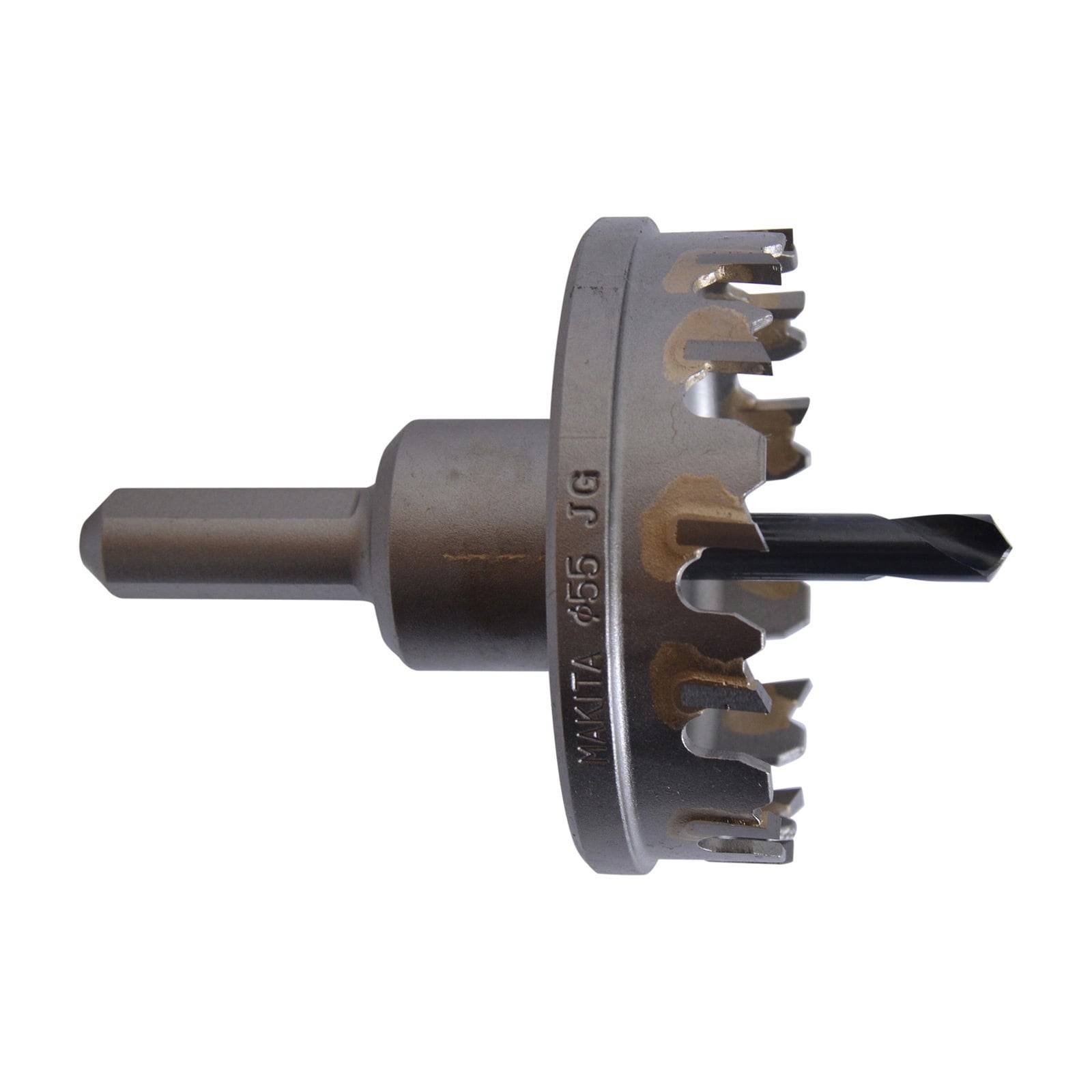 Lochsäge aus Metall mit einem in der Mitte zentrierten Bohrer, versehen mit gezackten Zähnen entlang des kreisförmigen Randes zum Durchschneiden von Materialien.
