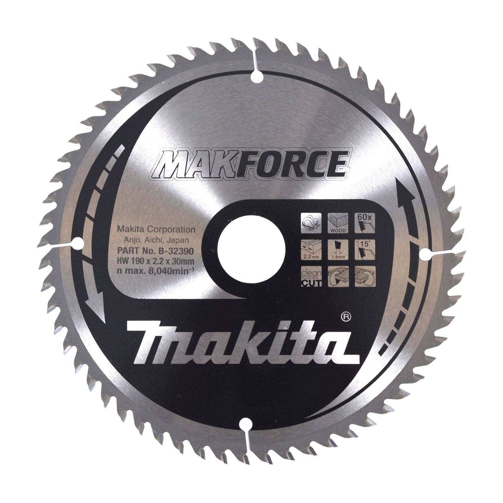 Kreissägeblatt mit Beschriftung 'Makita Makforce', Spezifikationen und Herkunft angegeben: 190x2,2x30mm, HW 60X, hergestellt in Japan.